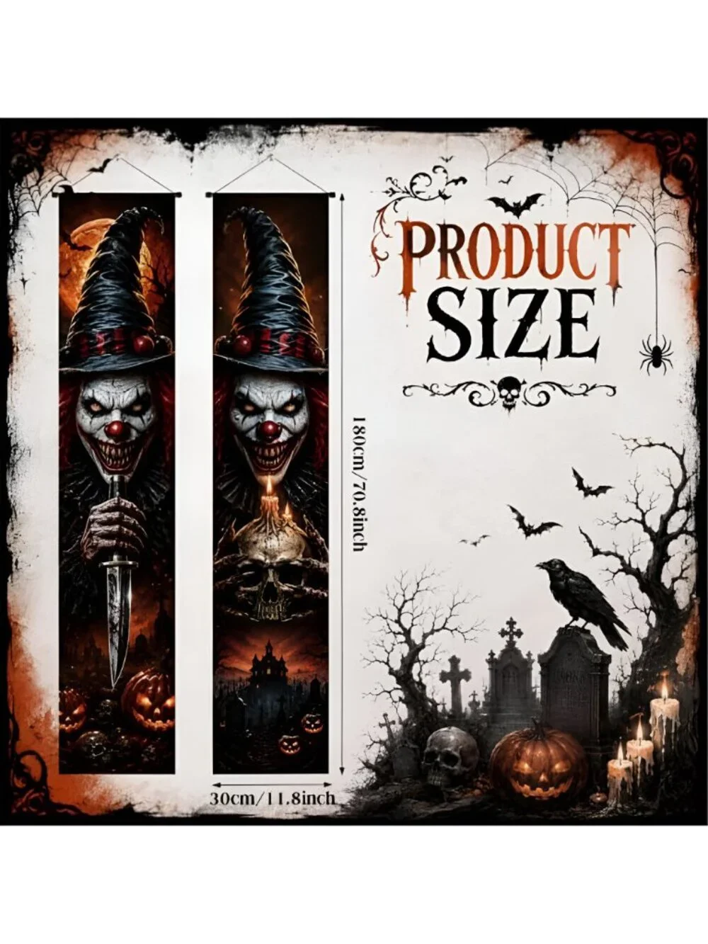 2PCS Halloween Porch Banner Decorations Scary Evil Clown Front Door Signs for